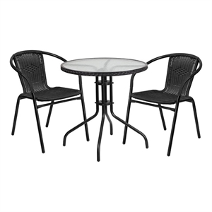 Bowery Hill 2 Piece Rattan/Glass Round Patio Dining Set in Black
