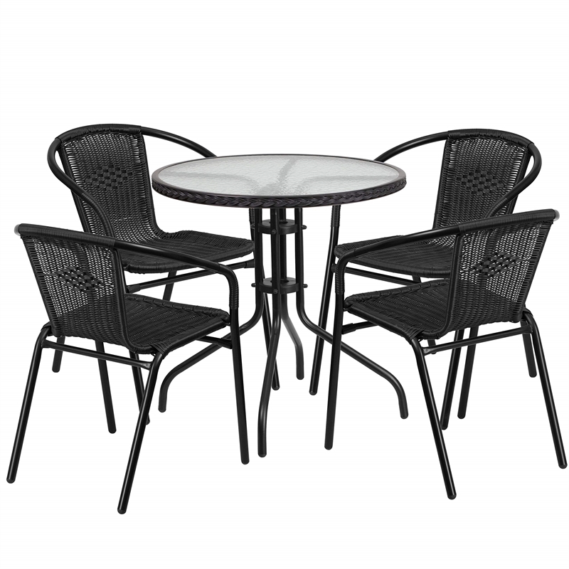 Bowery Hill 5 Piece Rattan/Glass Round Patio Dining Set in Black