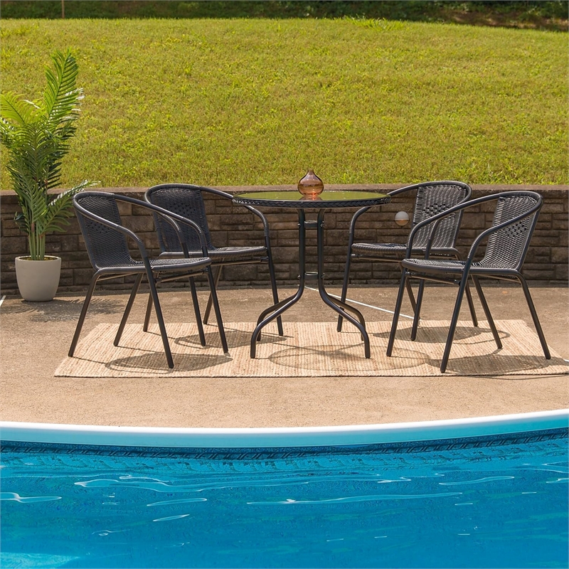 Bowery Hill 5 Piece Rattan/Glass Round Patio Dining Set in Black