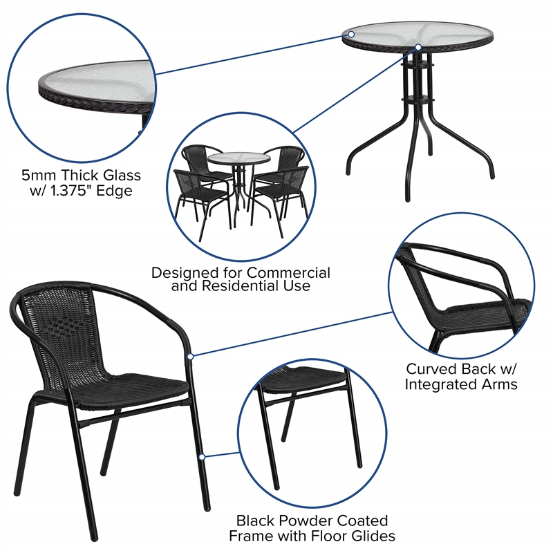 Bowery Hill 5 Piece Rattan/Glass Round Patio Dining Set in Black