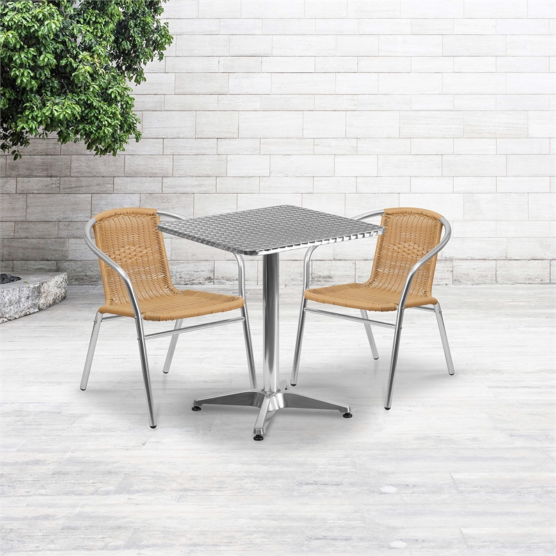 Bowery Hill 3 Piece Square Patio Bistro Set in Aluminum and Beige