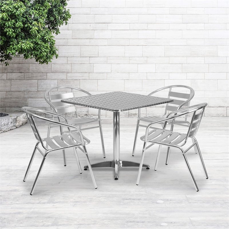 Bowery Hill 5 Piece Stainless Steel Square Patio Dining Set in Aluminum Silver