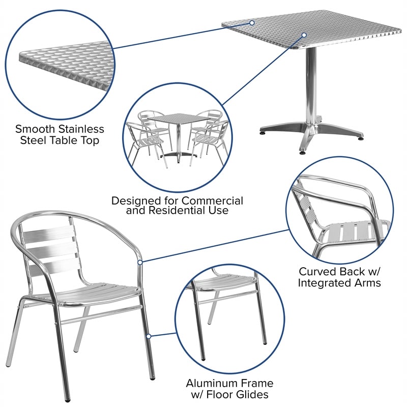 Bowery Hill 5 Piece Stainless Steel Square Patio Dining Set in Aluminum Silver