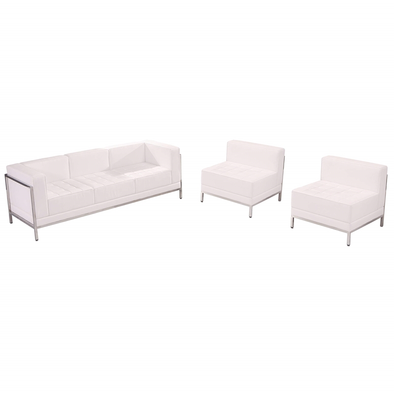 Bowery Hill 3 Piece Leather Reception Sofa Set in White