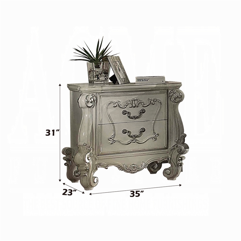 Bowery Hill 2 Drawer Nightstand with Scrolled Leg in Bone White Wood