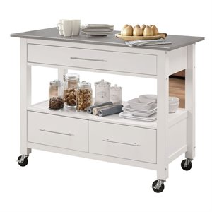 Bowery Hill Wood Stainless Steel White Kitchen Island Rectangular Caster Wheels 43&quotW x 22&quotD Unassembled