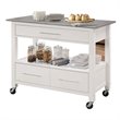 Bowery Hill Wood Stainless Steel White Kitchen Island Rectangular Caster Wheels 43