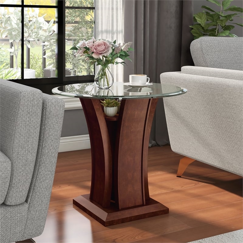 Bowery Hill Contemporary Solid Wood/Wood Veneer/MDF/Glass End Table in Cherry