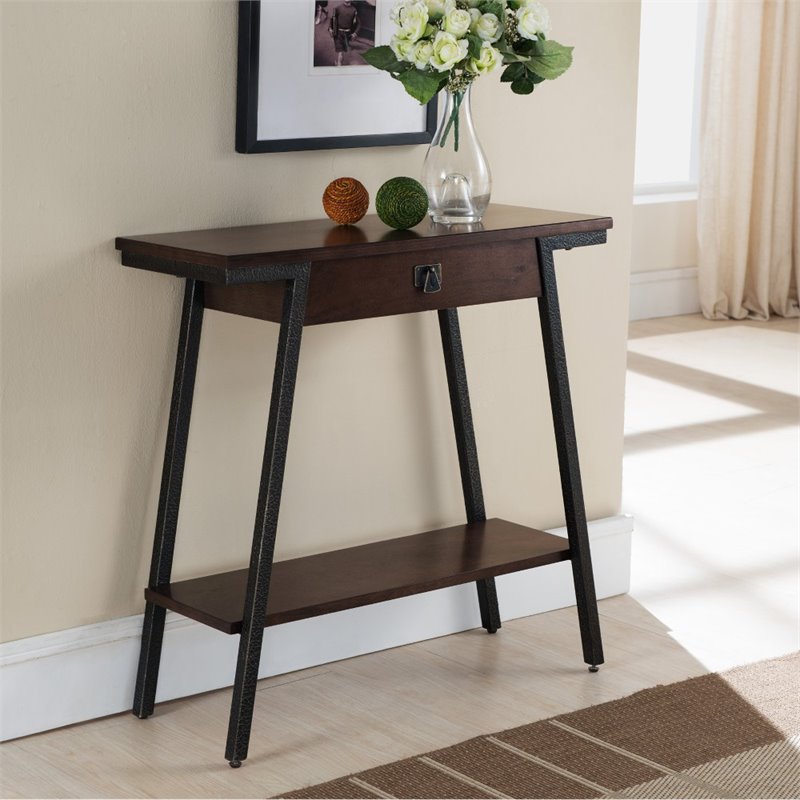 Bowery Hill Single Drawer Console Table in Walnut and Foundry Bronze