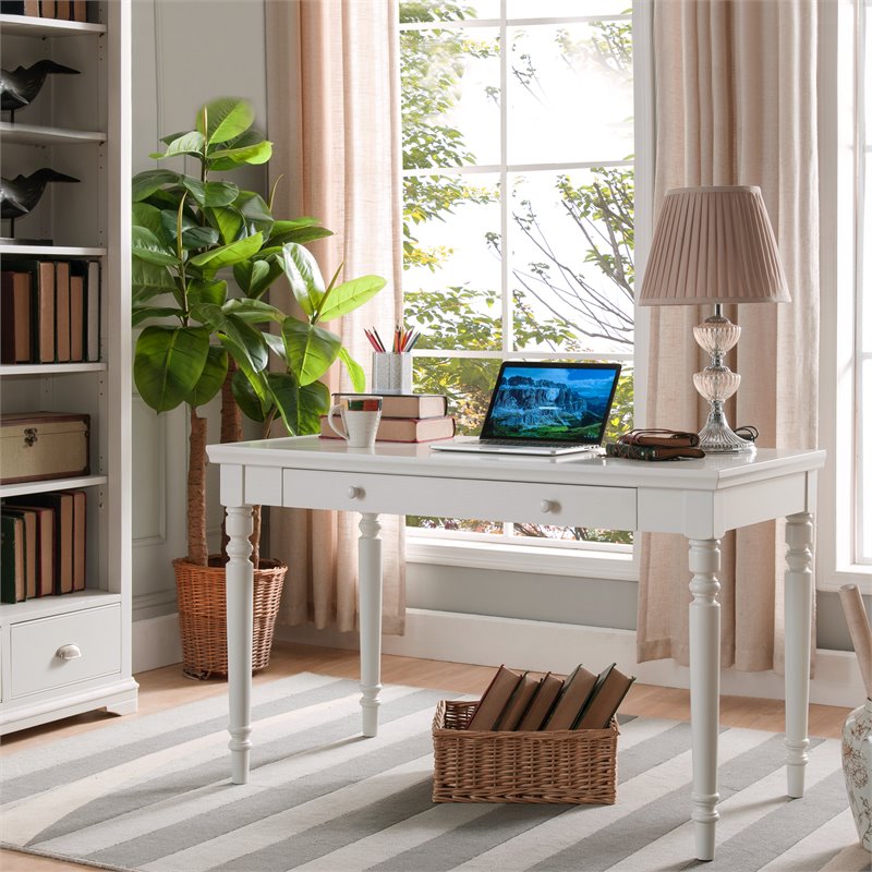 Bowery Hill Solid Wood White Writing Desk Rectangular Drop Down Drawer 48