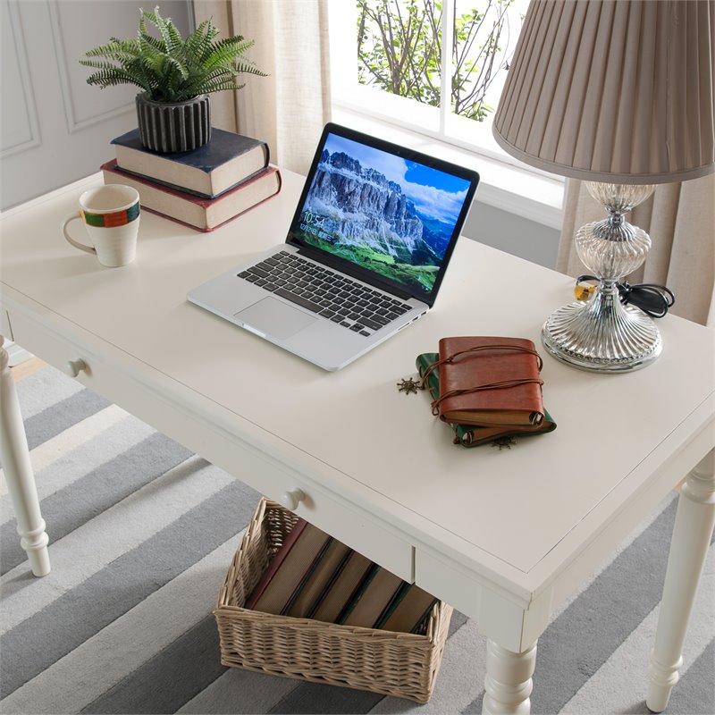 Bowery Hill Solid Wood White Writing Desk Rectangular Drop Down Drawer 48