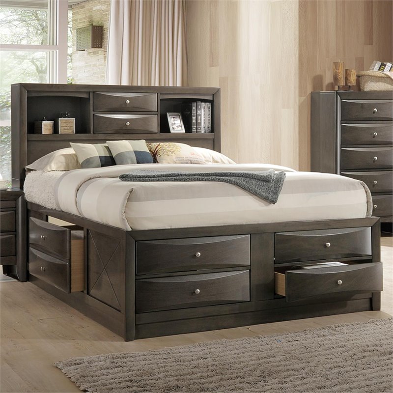 Bowery Hill Rubber Wood Gray Oak Bed Queen Storage 63