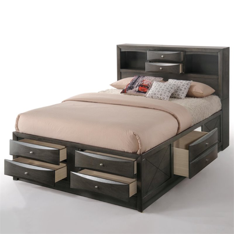 Bowery Hill Rubber Wood Gray Oak Bed Queen Storage 63