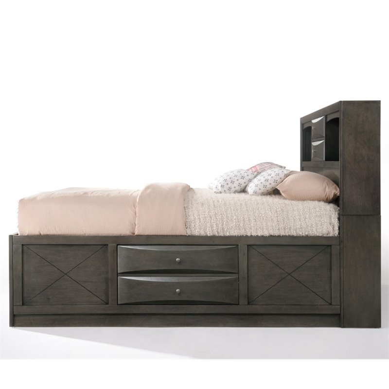 Bowery Hill Rubber Wood Gray Oak Bed Queen Storage 63