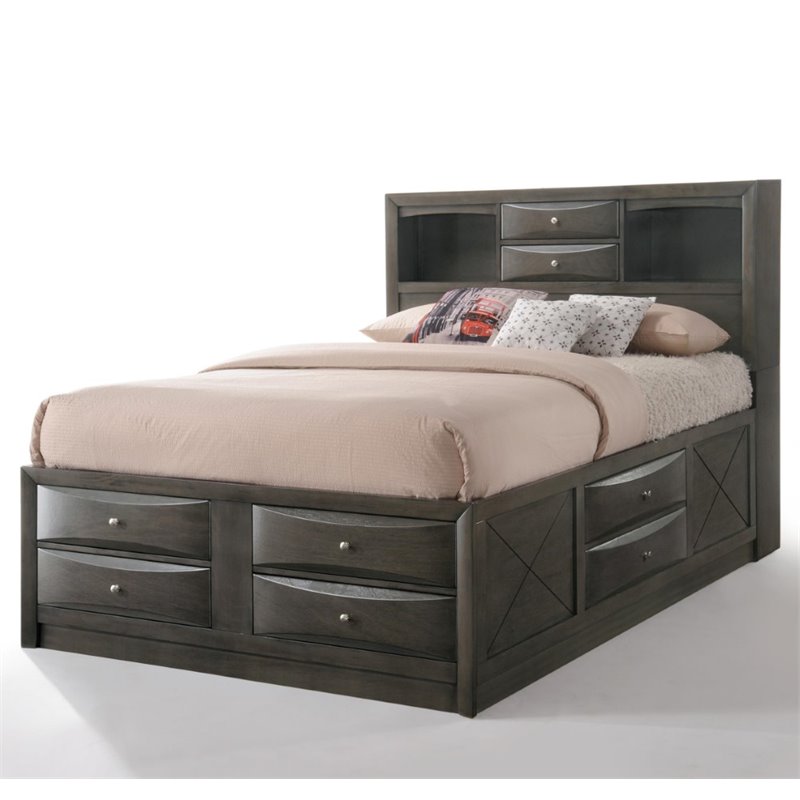 Bowery Hill Rubber Wood Gray Oak Bed Queen Storage 63