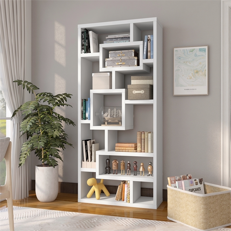 Bowery Hill MDF Wood Veneer White Bookcase Rectangular Asymmetrical 71