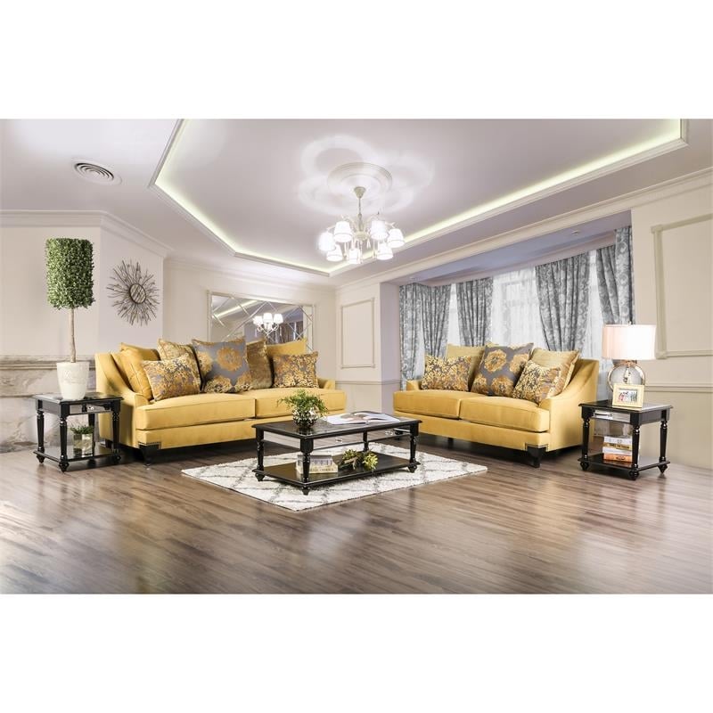 Bowery Hill Traditional Velvet Upholstered Sofa with Wood Frame in Gold