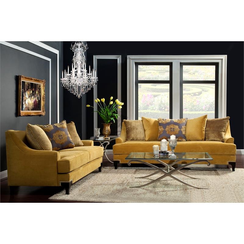 Bowery Hill Traditional Velvet Upholstered Sofa with Wood Frame in Gold