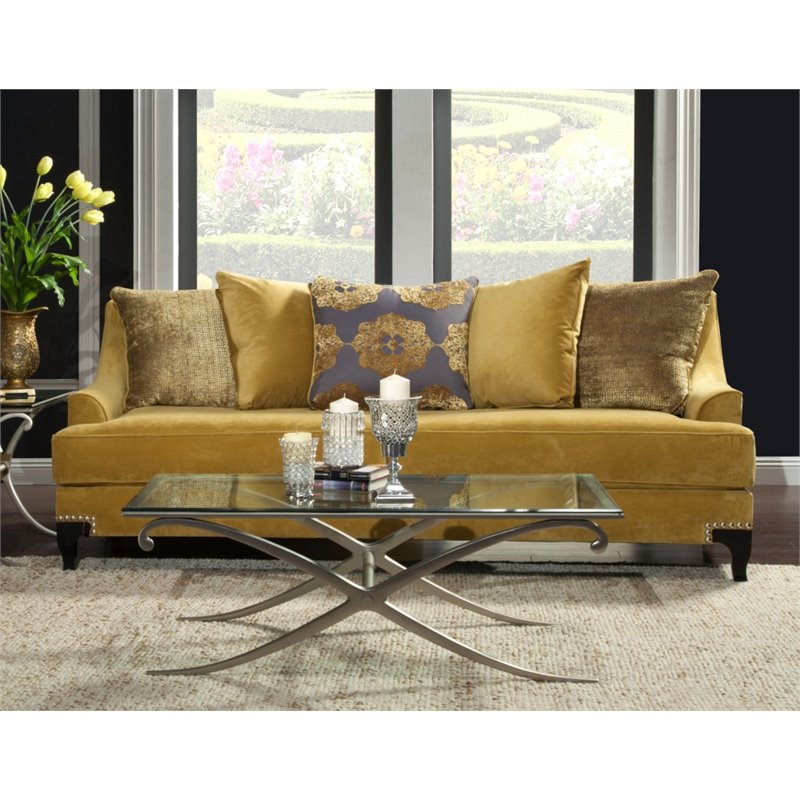 Bowery Hill Traditional Velvet Upholstered Sofa with Wood Frame in Gold