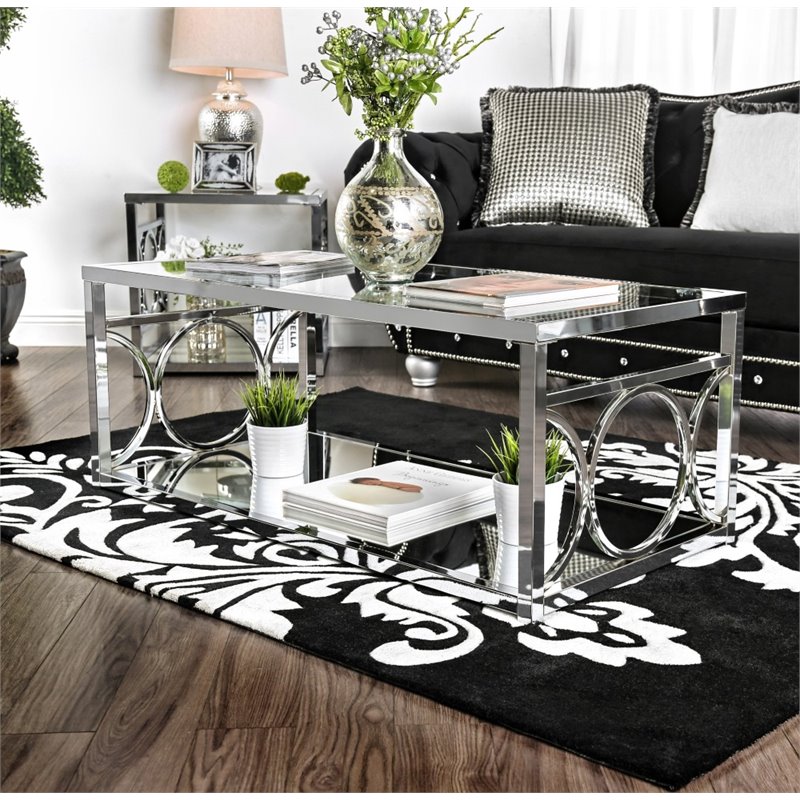 Bowery Hill Glass Coffee Table in Chrome Finish