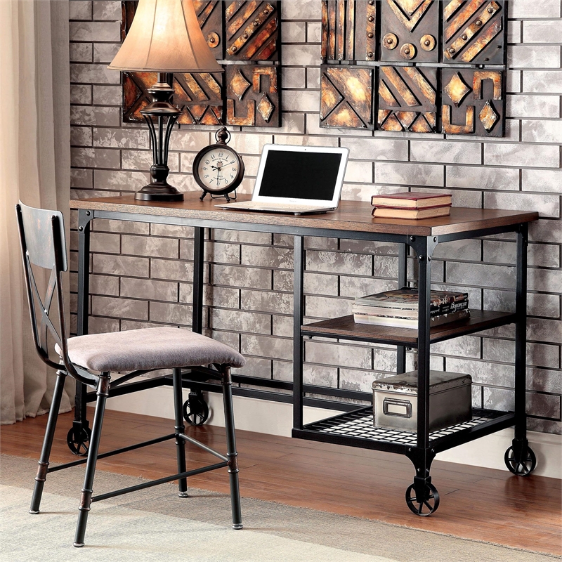 Bowery Hill Transitional Metal Computer Desk with Casters in Antique Black
