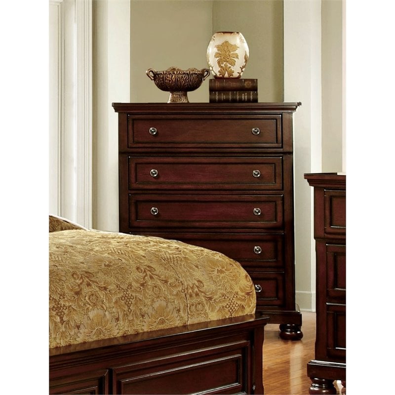 Bowery Hill 5 Drawers Transitional Wood Chest in Dark Cherry