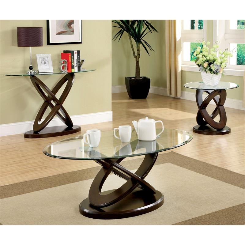 Bowery Hill Glass Top Coffee Table in Dark Walnut