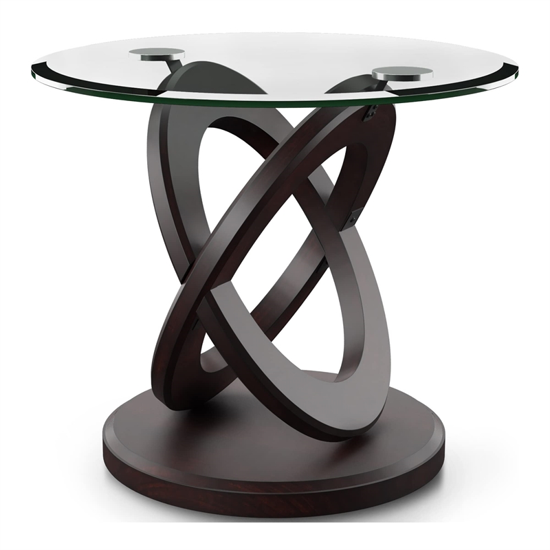 Bowery Hill Glass and Wood Walnut End Table Round Contemporary 22.25