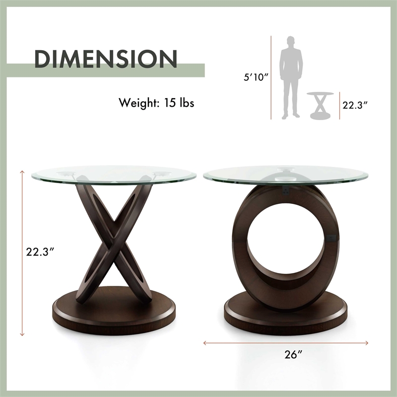 Bowery Hill Glass and Wood Walnut End Table Round Contemporary 22.25