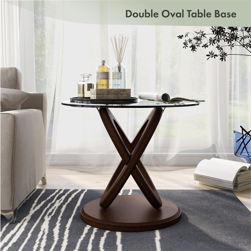 Bowery Hill Glass and Wood Walnut End Table Round Contemporary 22.25