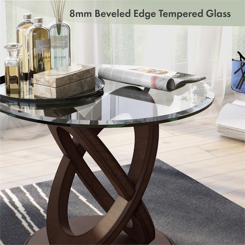Bowery Hill Glass and Wood Walnut End Table Round Contemporary 22.25