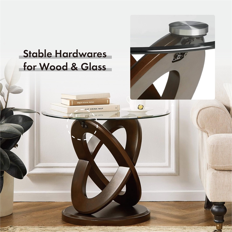 Bowery Hill Glass and Wood Walnut End Table Round Contemporary 22.25
