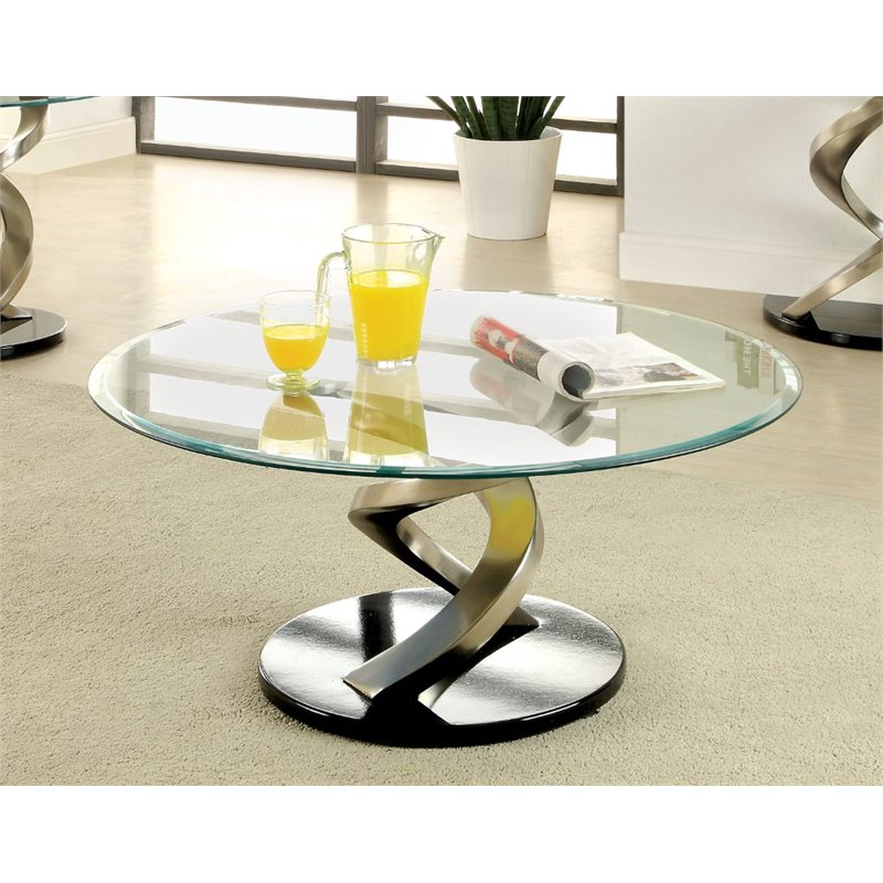 Bowery Hill Round Glass Top Coffee Table in Satin