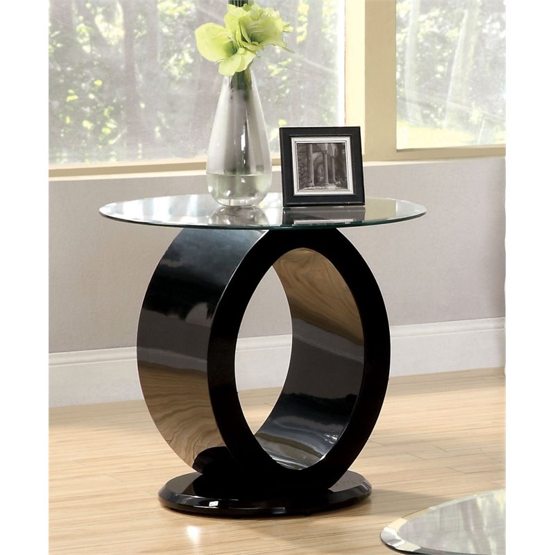 Bowery Hill Glass Wood Black End Table Round Contemporary 21.88