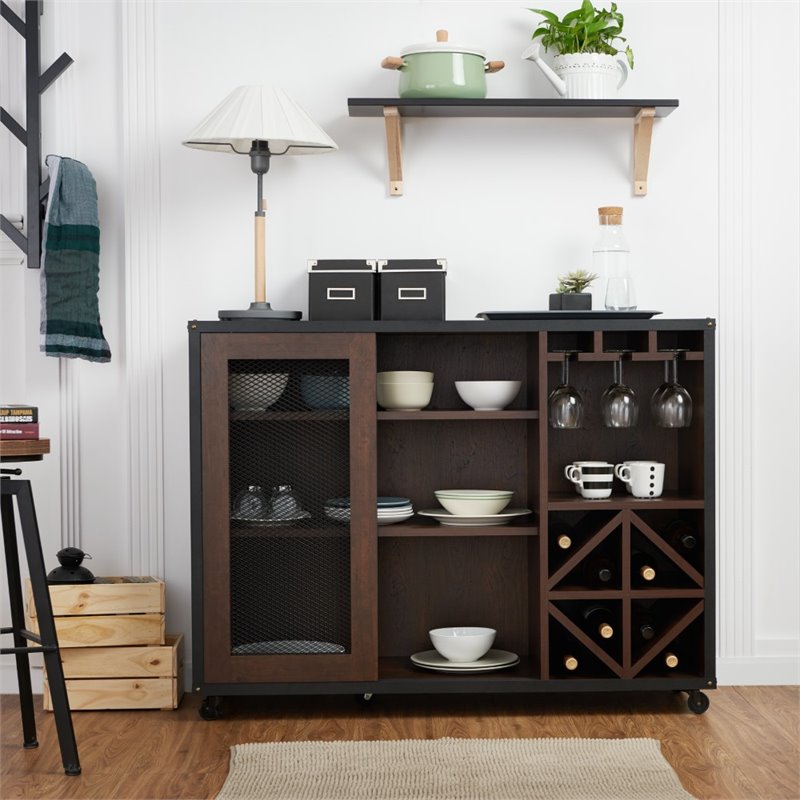 Bowery Hill Wine Rack Buffet with Casters in Walnut