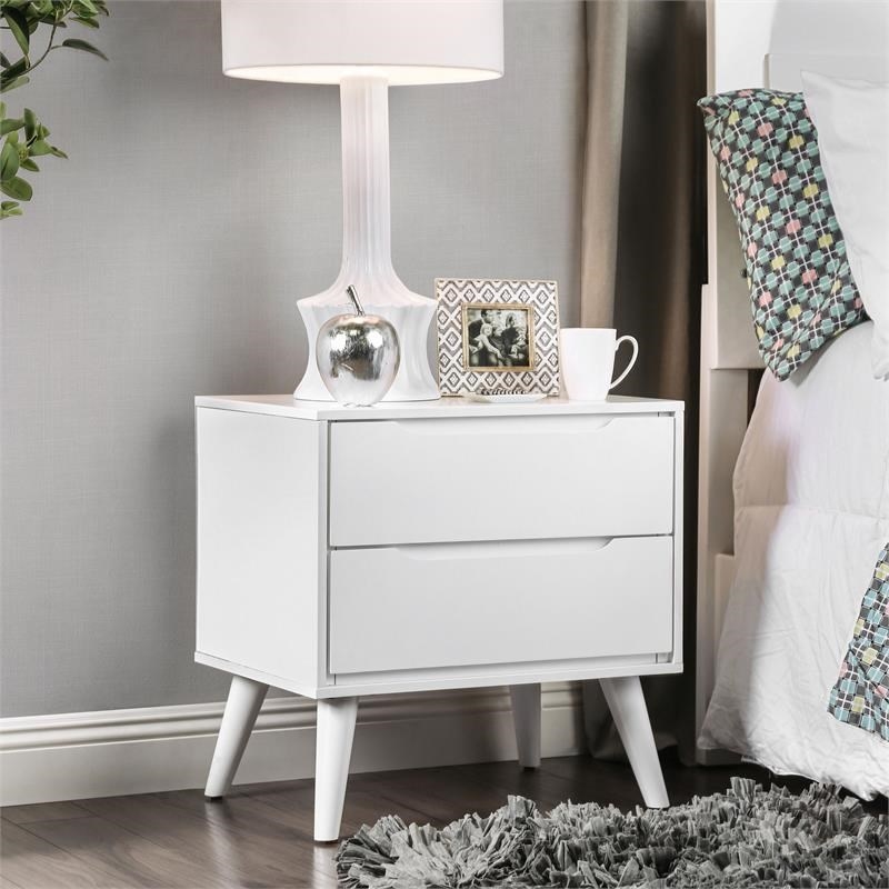 Bowery Hill 2-Drawer Mid-Century Solid Wood/Wood Veneer/MDF Nightstand in White