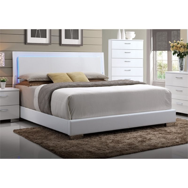 Bowery Hill Modern Wood/Metal Queen Panel Bed with LED in White