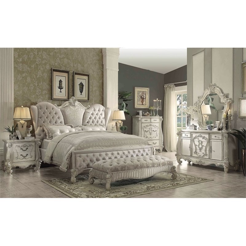 Bowery Hill Traditional Velvet Upholstered Queen Bed in Ivory