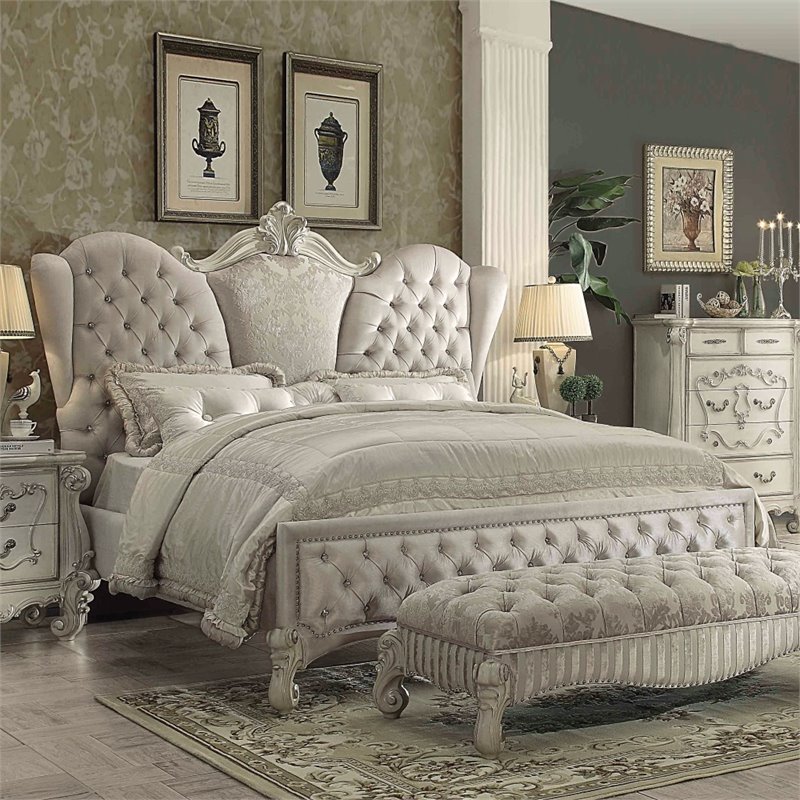 Bowery Hill Traditional Velvet Upholstered Queen Bed in Ivory