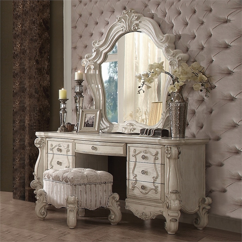 Bowery Hill Arched Top Wood Frame Bedroom Mirror in Bone White