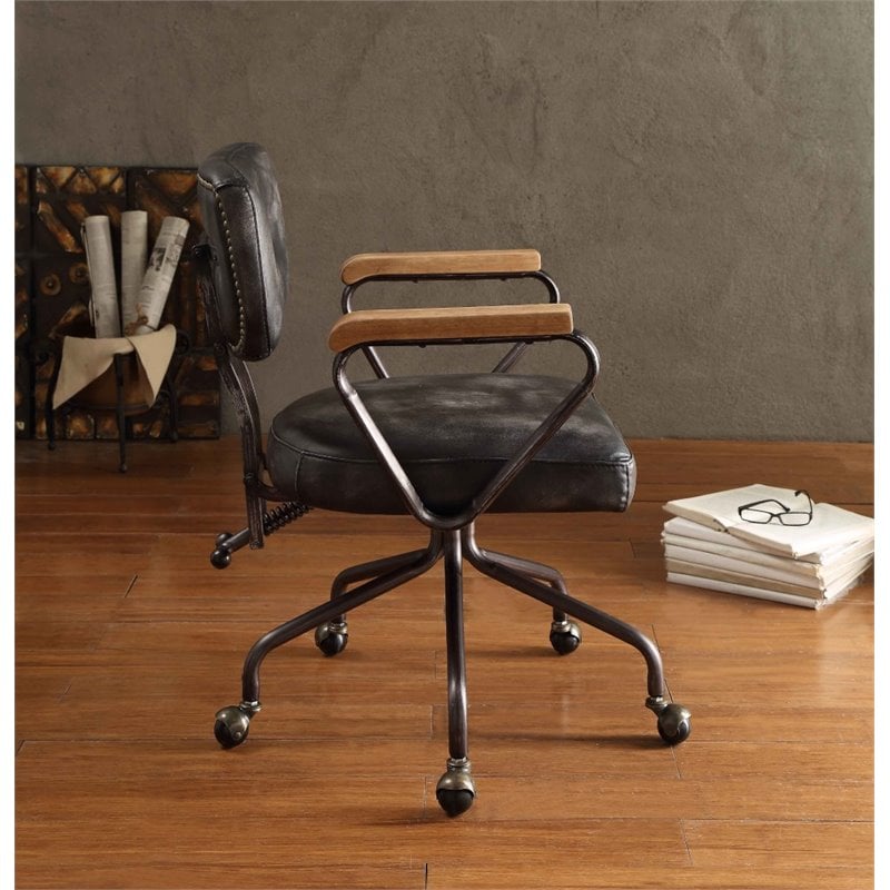 Bowery Hill Top Grain Leather Vintage Black Office Chair Swivel Button Tufted 32