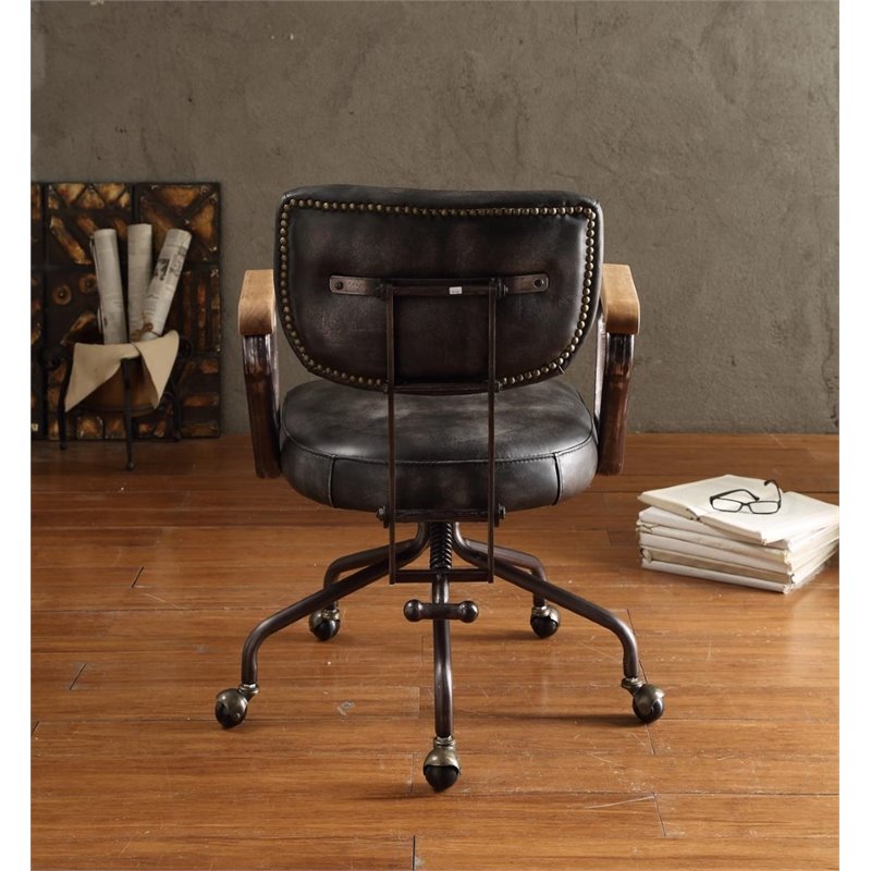 Bowery Hill Top Grain Leather Vintage Black Office Chair Swivel Button Tufted 32