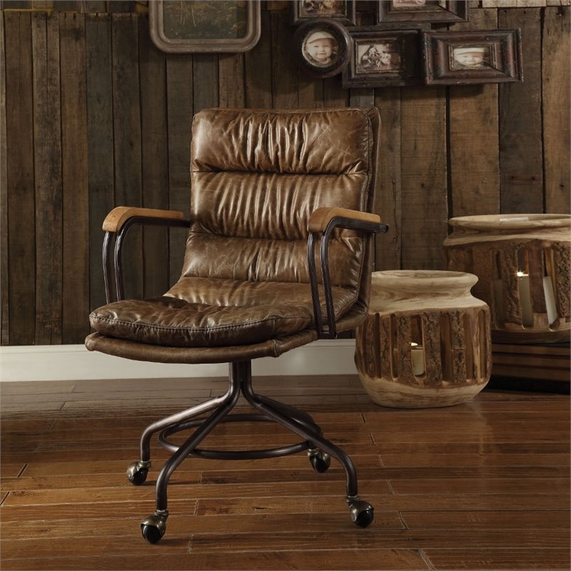 Bowery Hill Transitional Leather Swivel Office Chair in Vintage Whiskey Brown