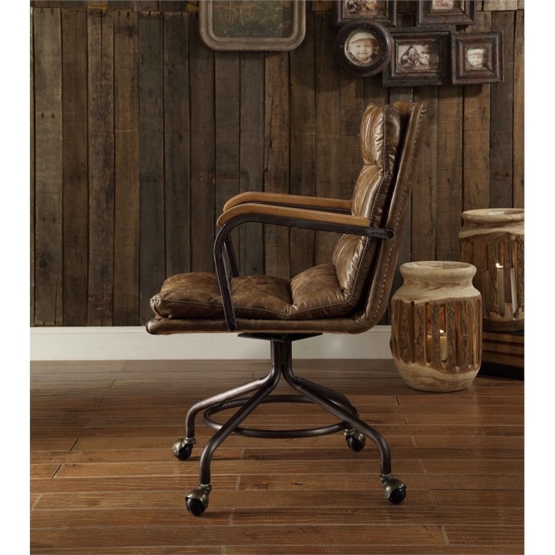 Bowery Hill Transitional Leather Swivel Office Chair in Vintage Whiskey Brown