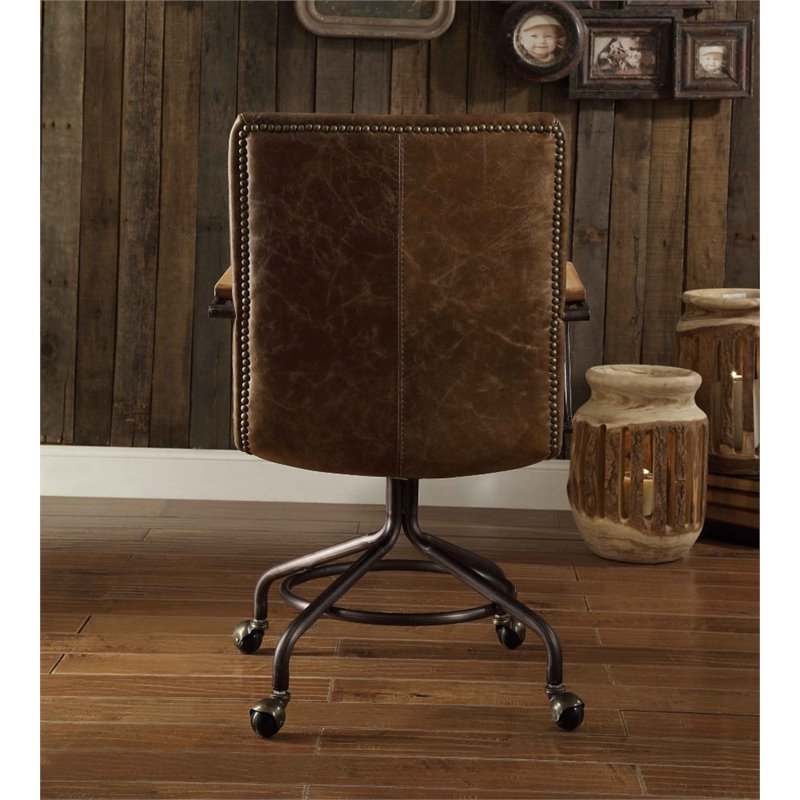 Bowery Hill Transitional Leather Swivel Office Chair in Vintage Whiskey Brown