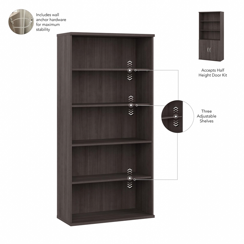Bowery Hill 5 Shelf Bookcase in Storm Gray
