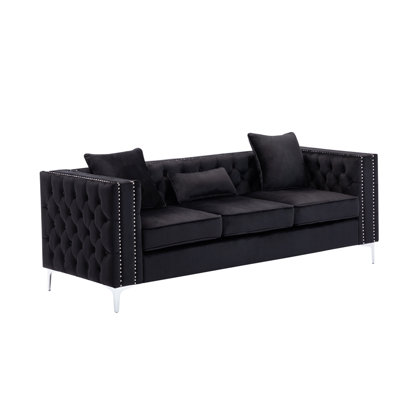 Bowery Hill Contemporary Velvet Button Tufted Sofa in Black