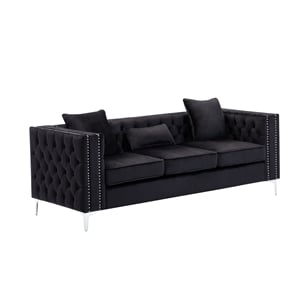 Bowery Hill Contemporary Velvet Button Tufted Sofa in Black
