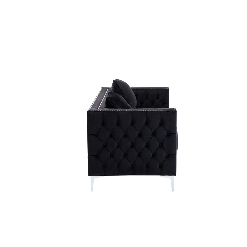 Bowery Hill Contemporary Velvet Button Tufted Sofa in Black