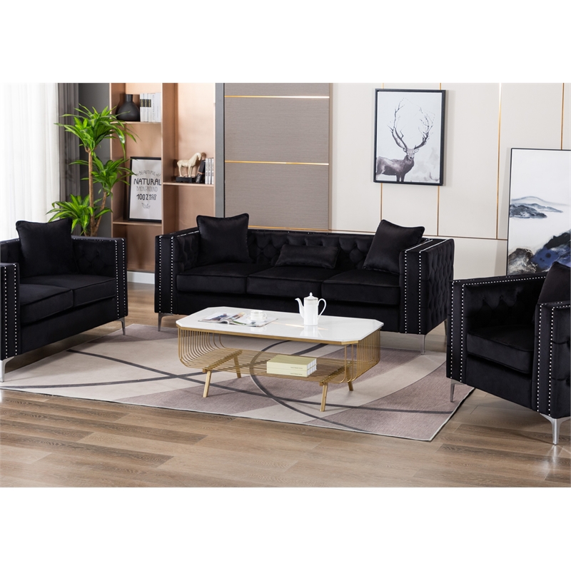 Bowery Hill Contemporary Velvet Button Tufted Sofa in Black